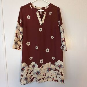 Gilli Boho Floral Shift Dress Burgundy Red V-Neck 3/4 Sleeve Border Print Size M